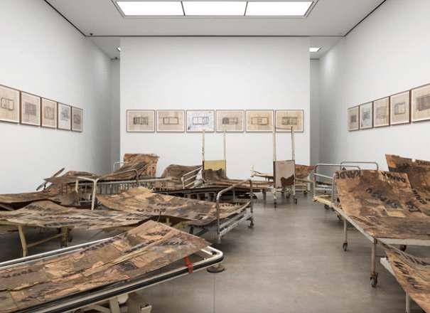 Art installation featuring reused objects in a gallery